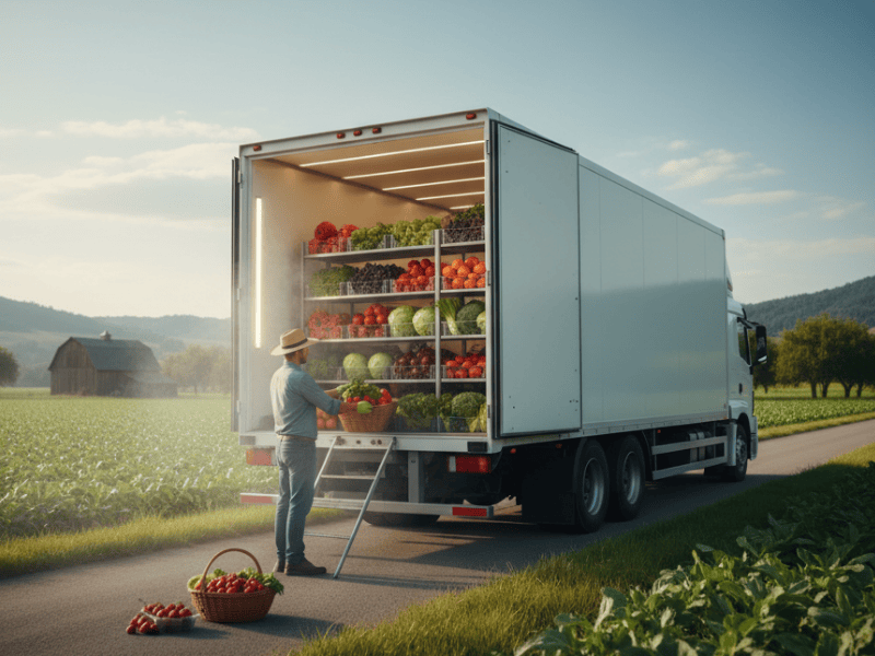 Refrigerated truck delivering fresh fruits and vegetables